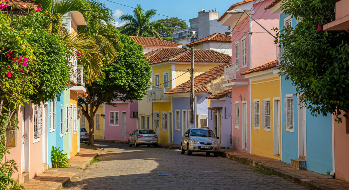 rua com várias casas coloridas e 2 carros esrtacionados
