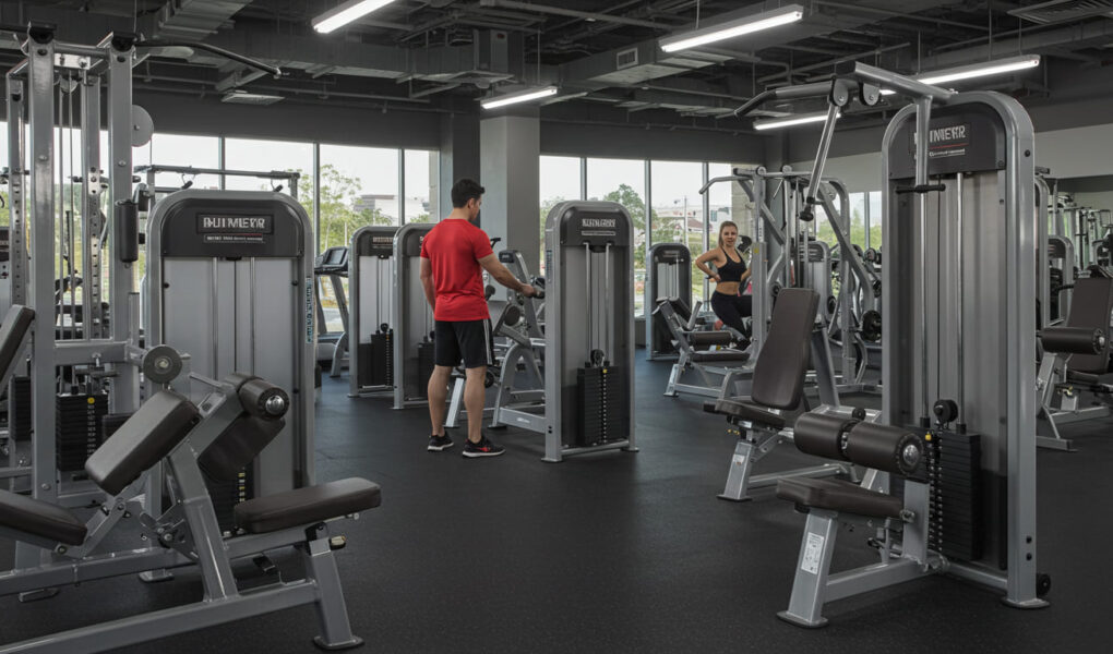 um homem de camisa vermelha fazwendo exercicio dentro de uma acade mia e uma mulher fazendo exercicio