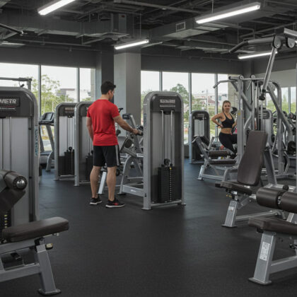 um homem de camisa vermelha fazwendo exercicio dentro de uma acade mia e uma mulher fazendo exercicio