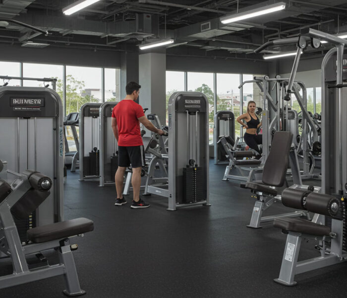 um homem de camisa vermelha fazwendo exercicio dentro de uma acade mia e uma mulher fazendo exercicio