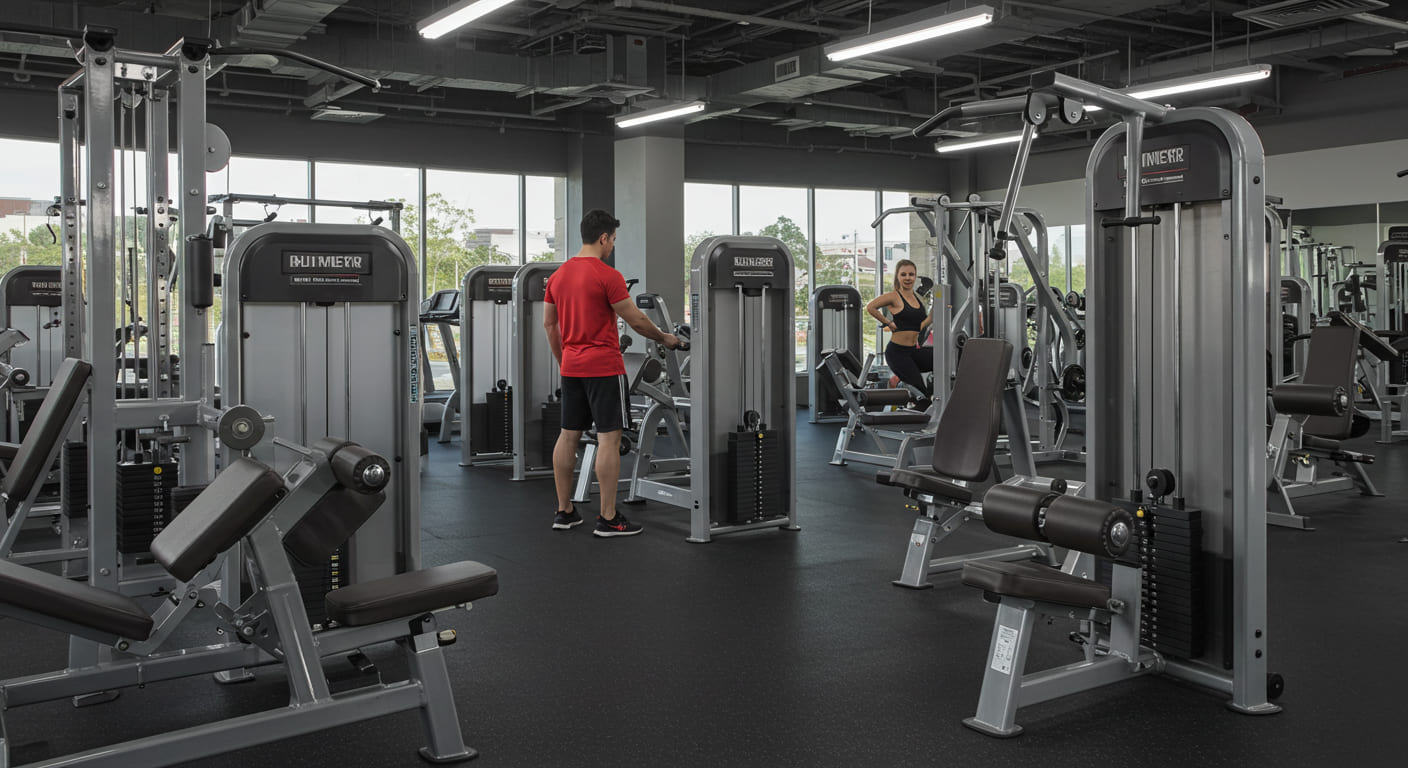 um homem de camisa vermelha fazwendo exercicio dentro de uma acade mia e uma mulher fazendo exercicio