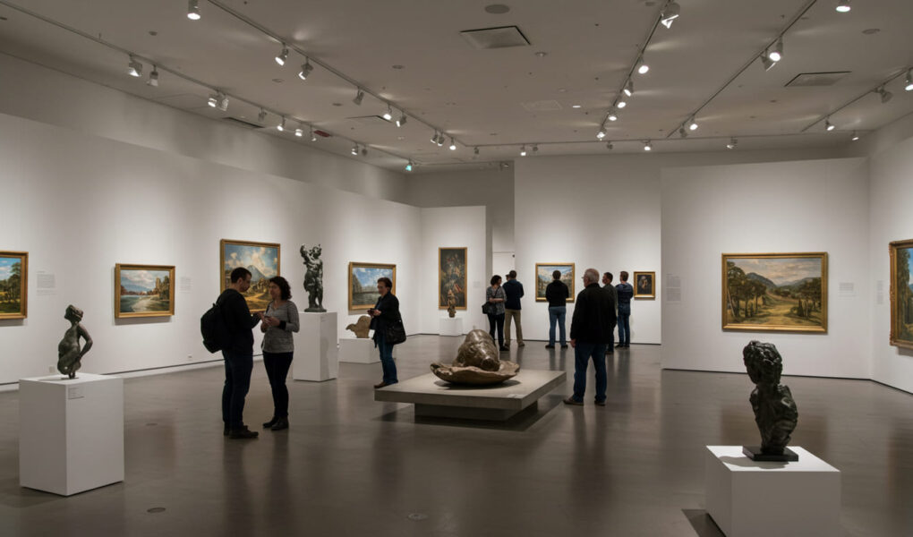 várias pessoas vendo peças de arte em um museu