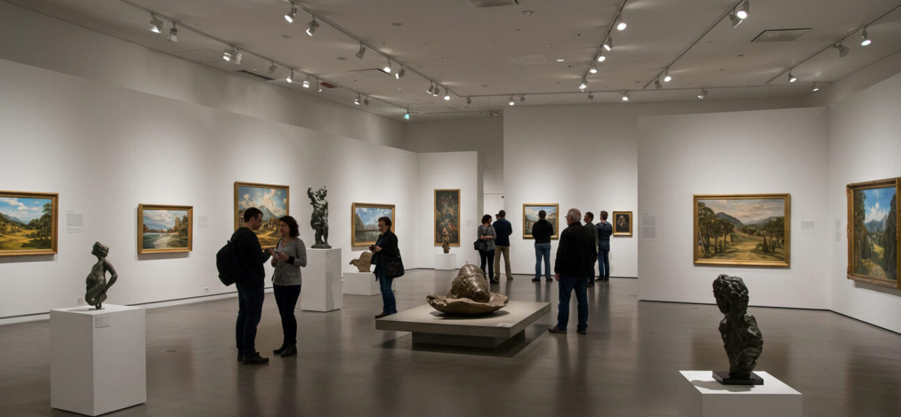 várias pessoas vendo peças de arte em um museu