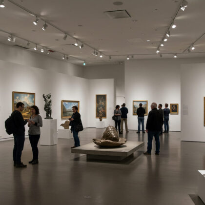 várias pessoas vendo peças de arte em um museu