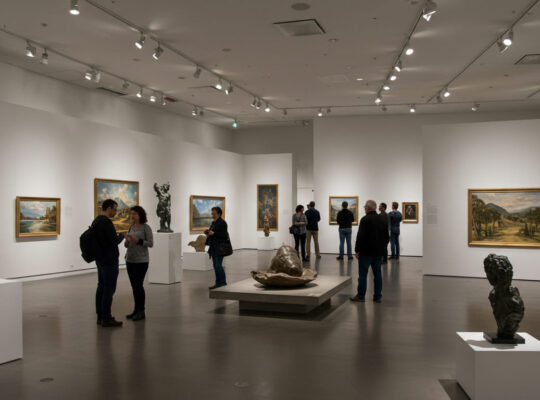 várias pessoas vendo peças de arte em um museu