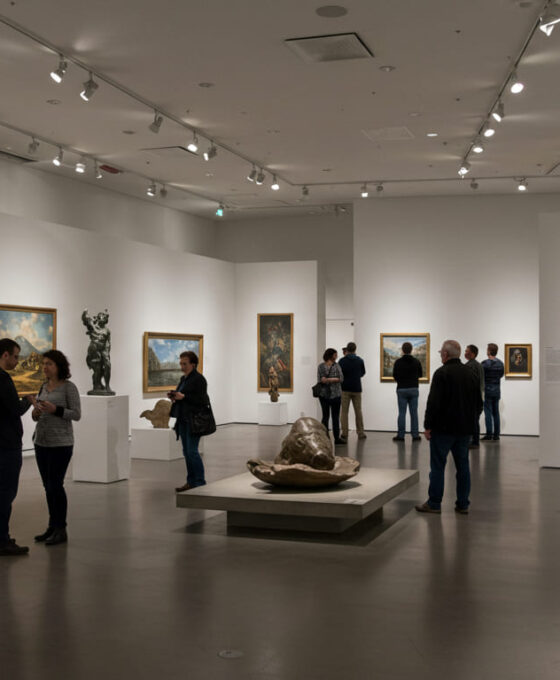 várias pessoas vendo peças de arte em um museu