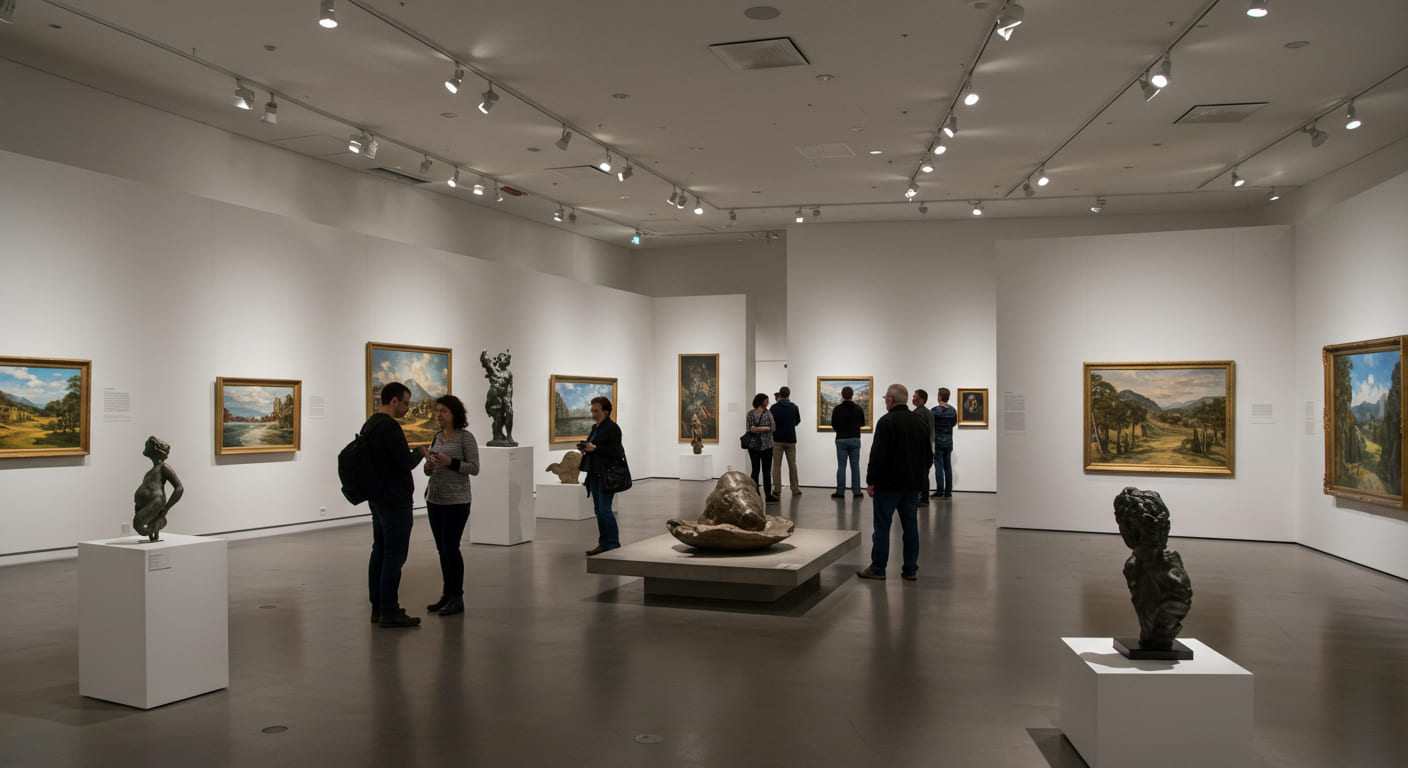 várias pessoas vendo peças de arte em um museu