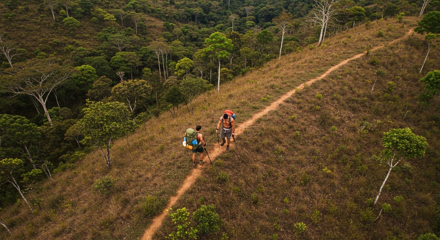 Dois homens caminhando por uma trilha em meio à vegetação verde e alta de Florianópolis.