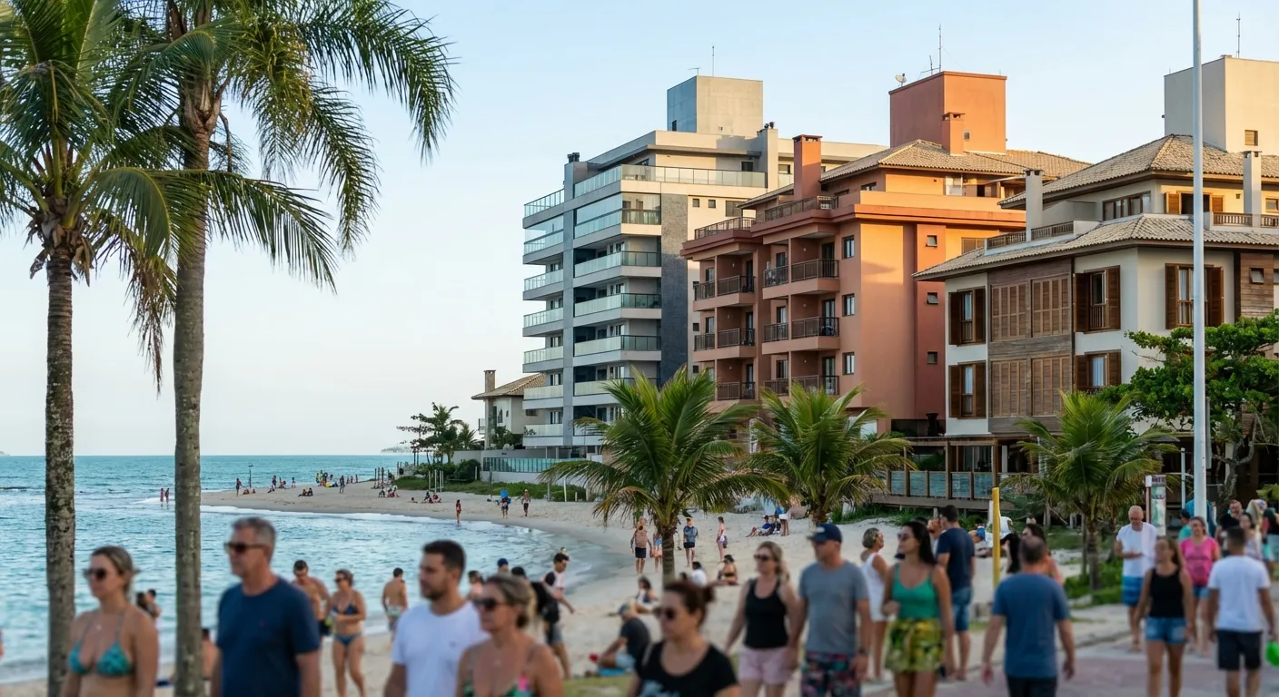 3 Hotéis Imperdíveis em Canasvieiras Para Sua Próxima Viagem Pessoas caminhando pela orla de Canasvieiras, com prédios coloridos e palmeiras ao fundo.