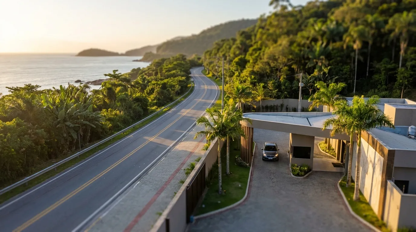 Vista aérea de um motel à beira da estrada, cercado por vegetação e com o mar ao fundo.