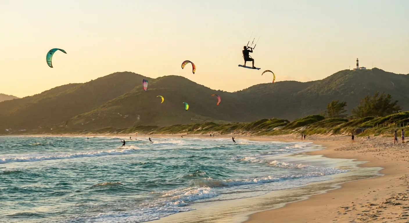 Kitesurfista salta sobre as ondas em praia com montanhas ao fundo e outros praticantes ao longe.