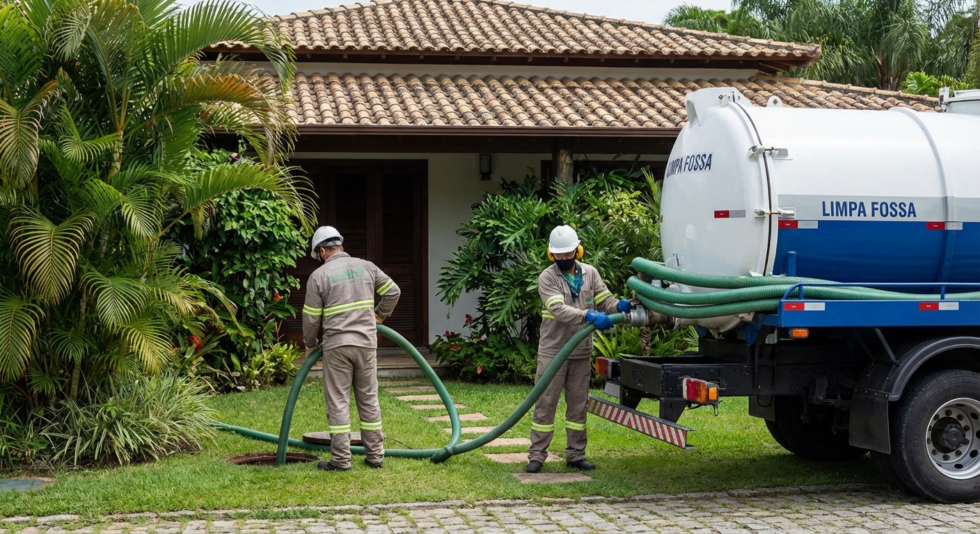 Dois profissionais em uniformes conectam mangueiras a um caminhão de limpeza de fossa em frente a uma casa.