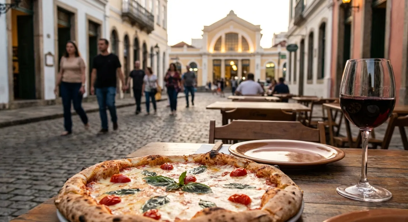 Pizza com manjericão e tomates em mesa de madeira, com pessoas caminhando em rua de paralelepípedos ao fundo.