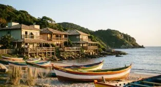 Pousadas à beira-mar com barcos coloridos na Praia da Armação, Florianópolis, ao entardecer.