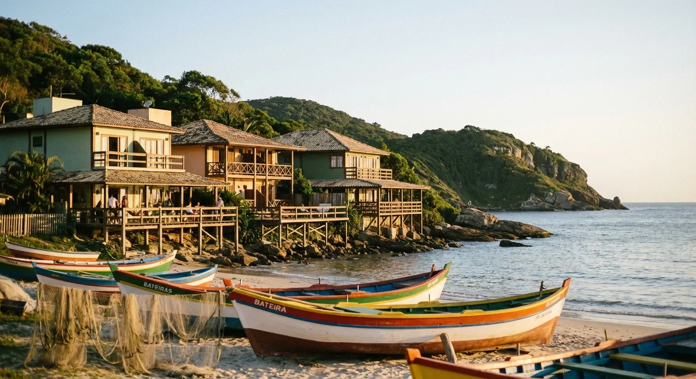 As 3 Melhores Pousadas na Praia da Armação em Florianópolis Pousadas à beira-mar com barcos coloridos na Praia da Armação, Florianópolis, ao entardecer.