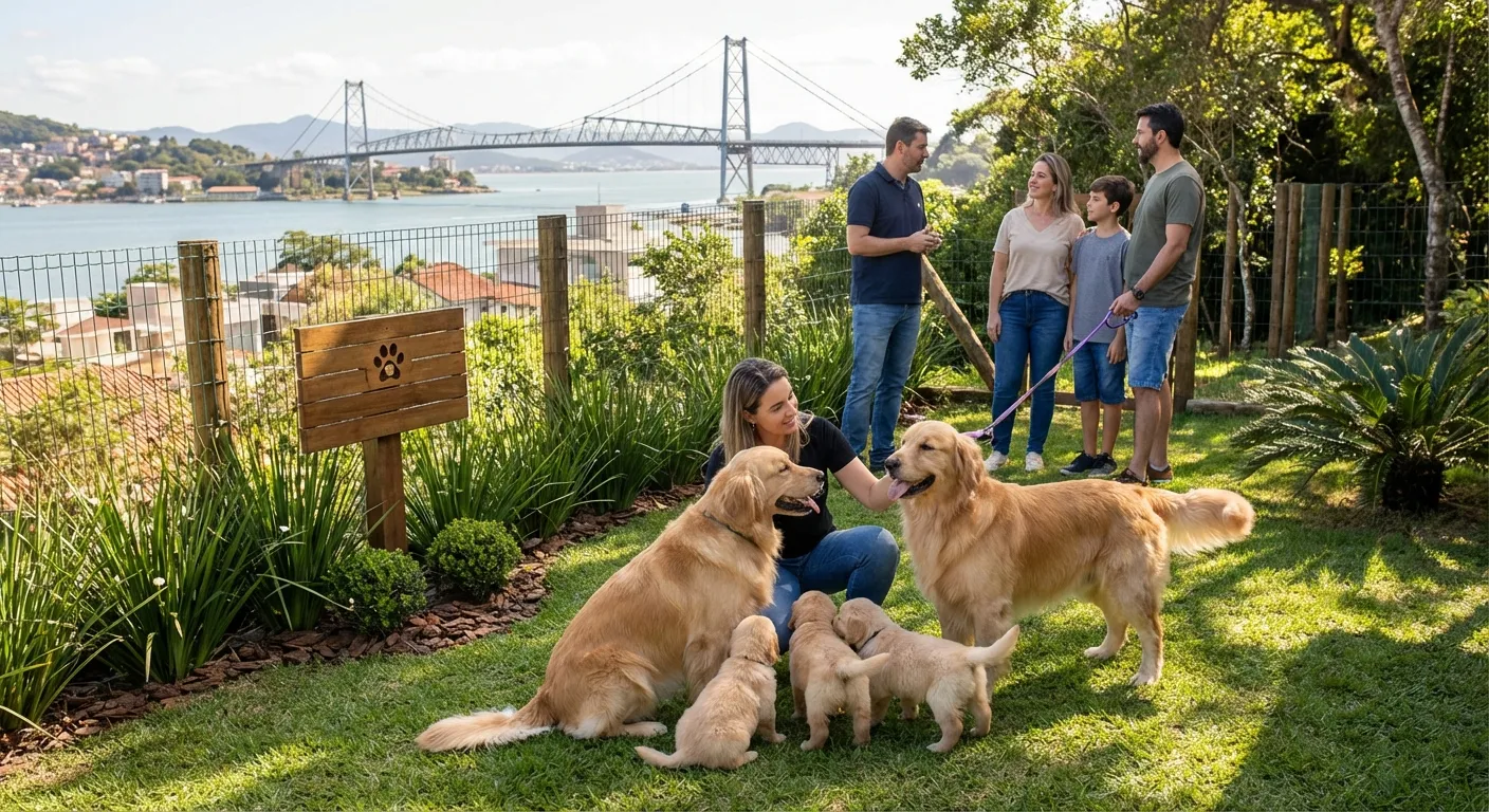 Canis em Floripa: Guia Completo com 3 Opções de Qualidade Grupo de pessoas com cães em um gramado, com vista para uma ponte e o mar ao fundo.