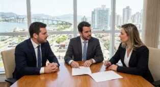 Três advogados em reunião, analisando documentos em mesa com vista para a cidade e o mar ao fundo.