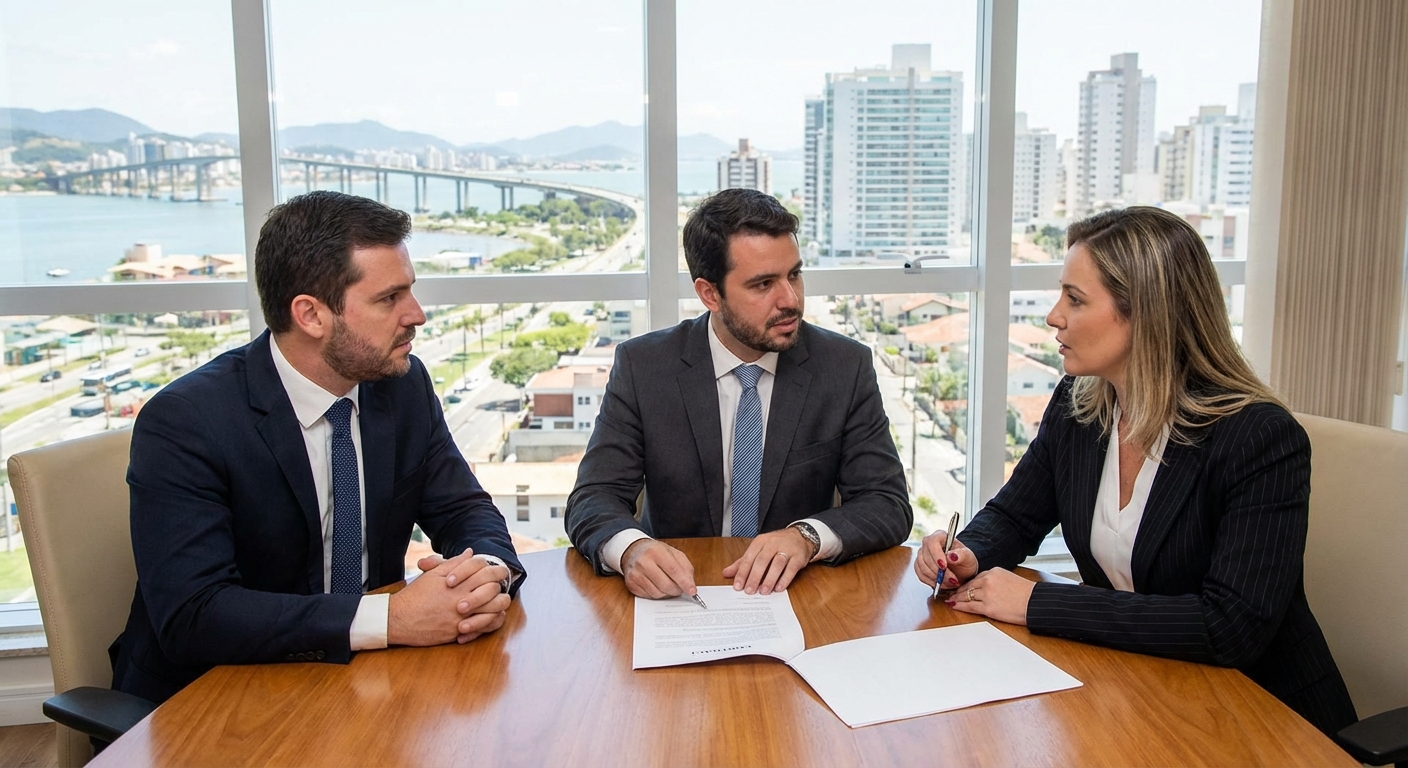 Três advogados em reunião, analisando documentos em mesa com vista para a cidade e o mar ao fundo.