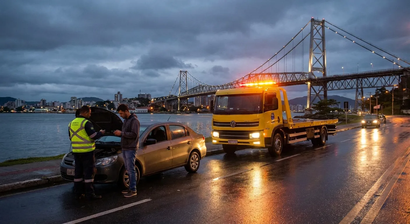 Guincho amarelo prestando assistência a carro parado em rua com ponte ao fundo em dia nublado.