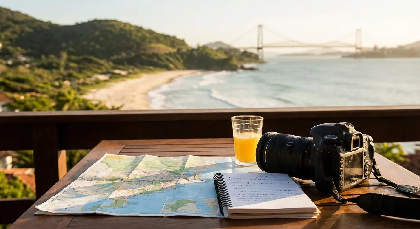 Mapa, caderno, câmera e copo de suco sobre mesa com vista para a praia e ponte ao fundo.