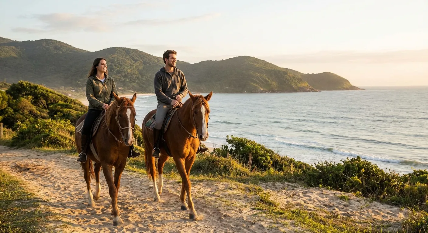 Casal montado em cavalos, passeando pela praia ao pôr do sol, com montanhas ao fundo.