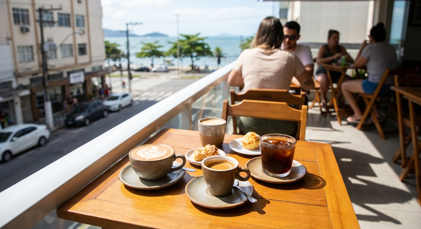 Mesas de madeira com bebidas quentes e frias, vista para o mar e pessoas conversando ao fundo.