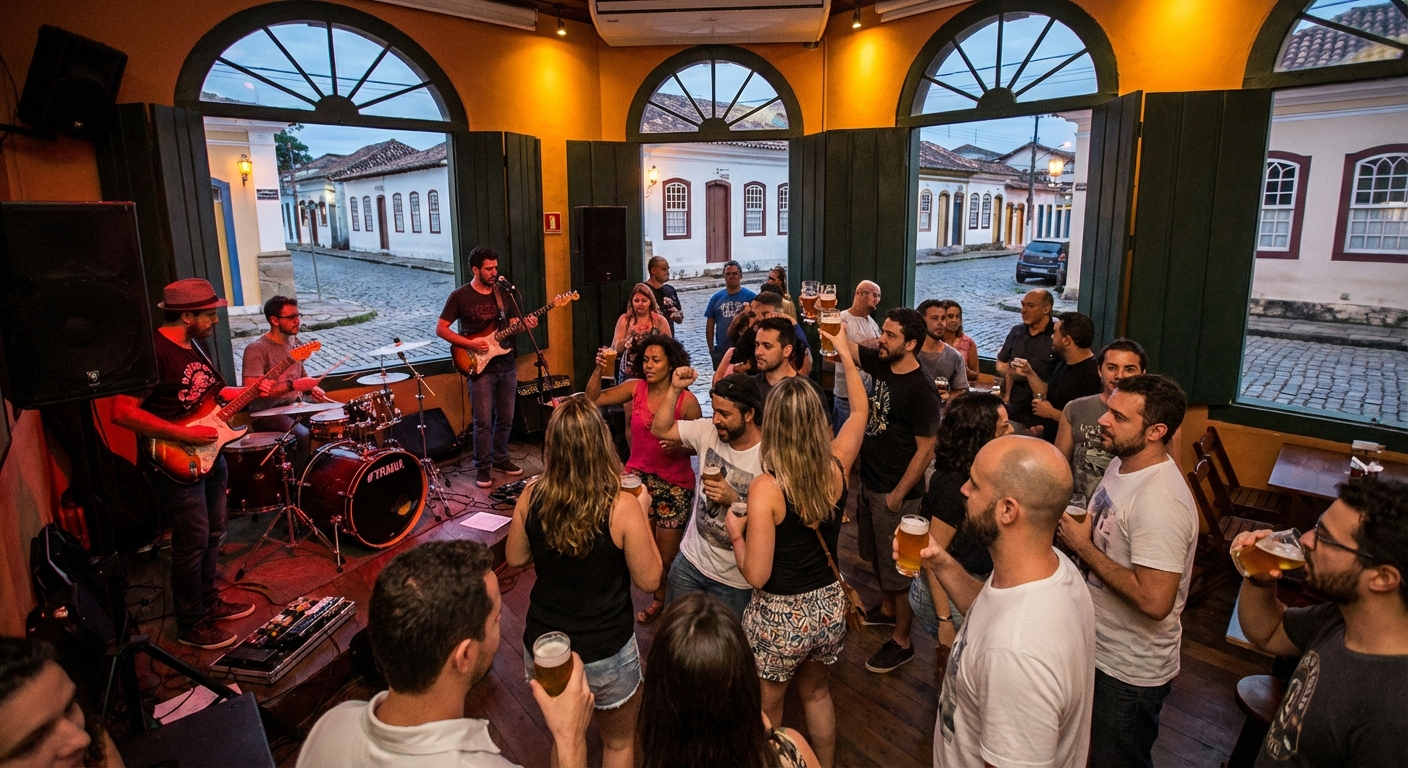 Pessoas dançando e se divertindo em um pub, com banda tocando ao fundo e mesas ao redor.