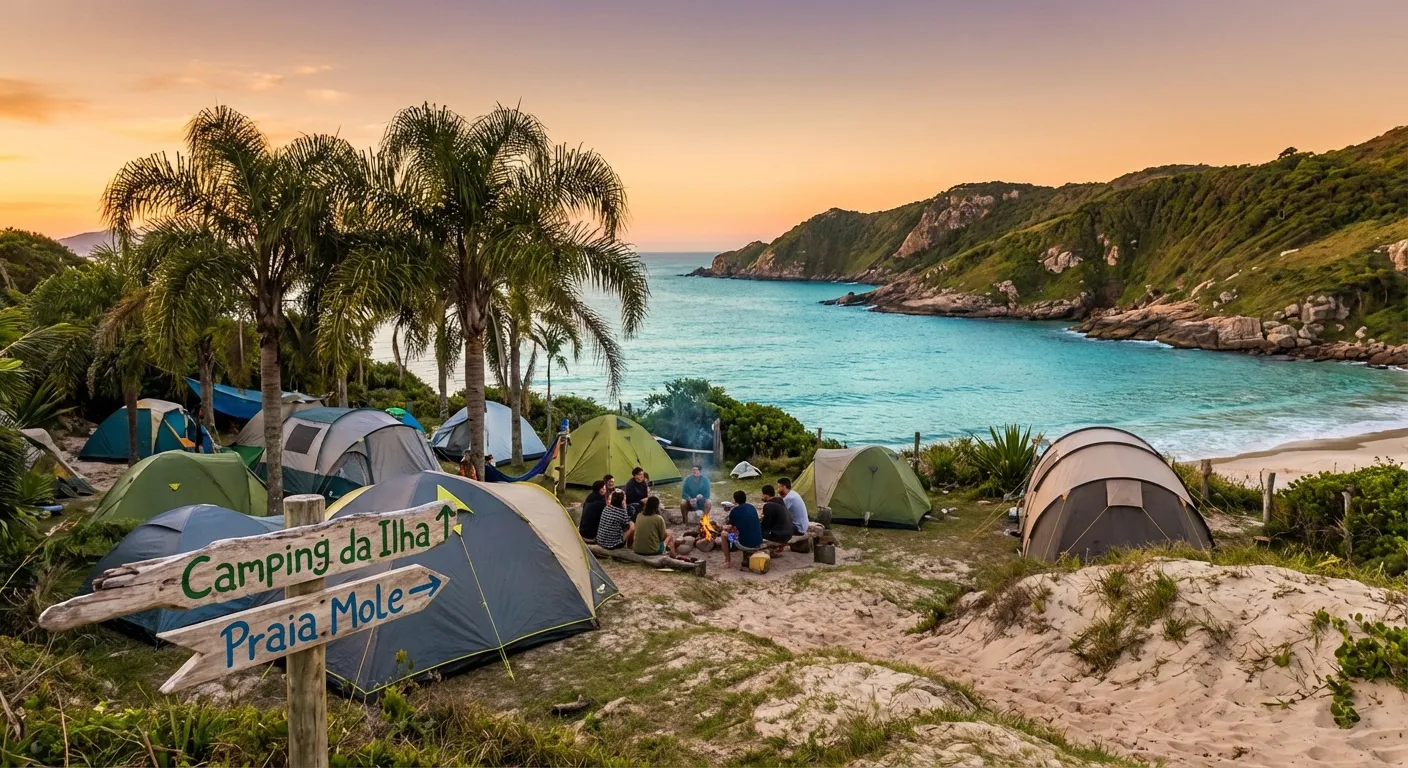 Acampar em Floripa: Guia Completo de Campings Tendas montadas em área verde com mar ao fundo e grupo de pessoas reunidas ao entardecer.