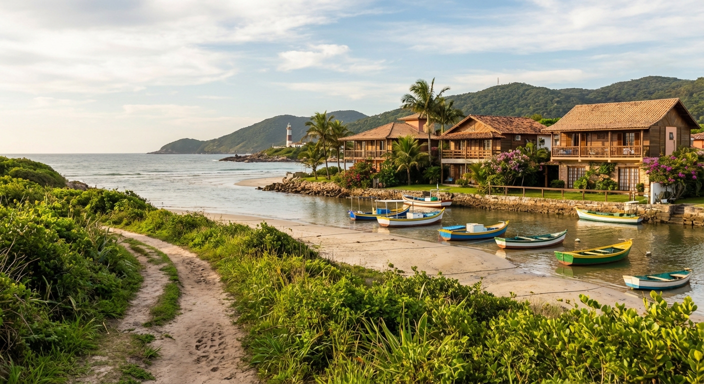 Caminho de areia com vegetação, pousadas à beira-mar e barcos coloridos na Barra da Lagoa, Florianópolis.