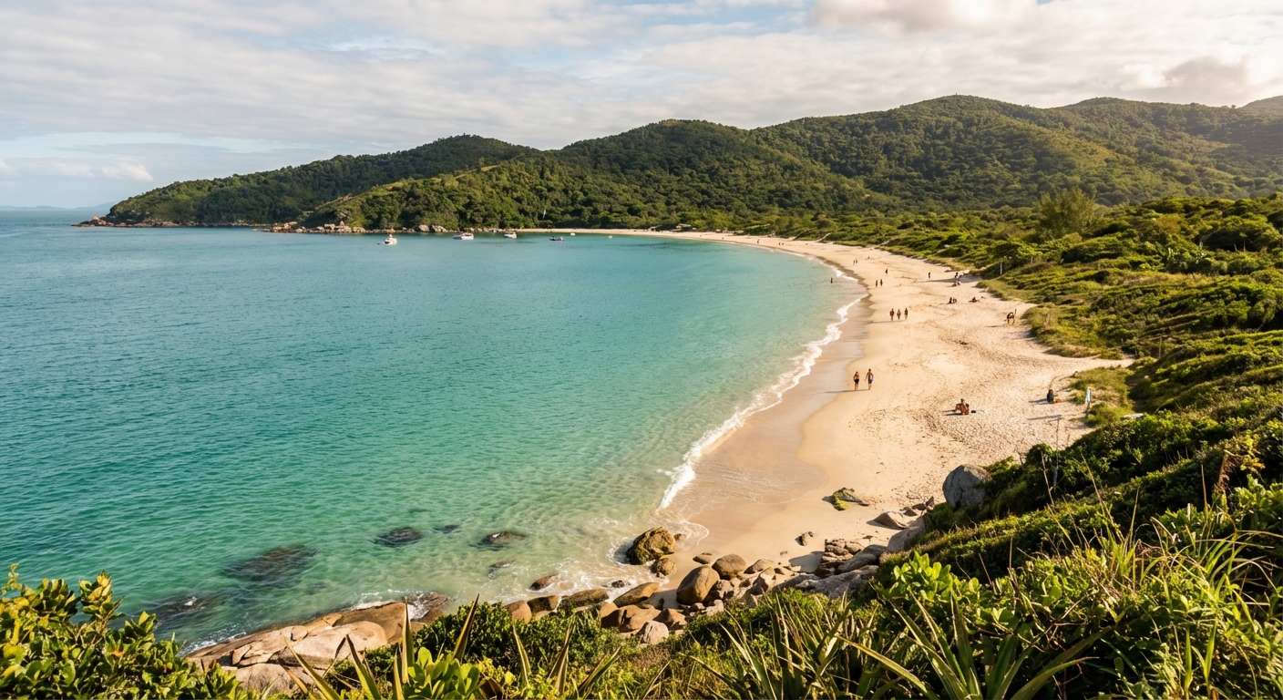 Praia com areia clara, mar azul e montanhas ao fundo, pessoas caminhando na orla e vegetação nas laterais.