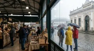 Pessoas com guarda-chuvas em mercado coberto, chuva do lado de fora e produtos expostos nas bancas.