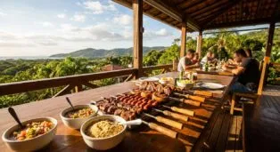 Mesa de madeira com churrasco variado, acompanhamentos e vista para montanhas e vegetação.