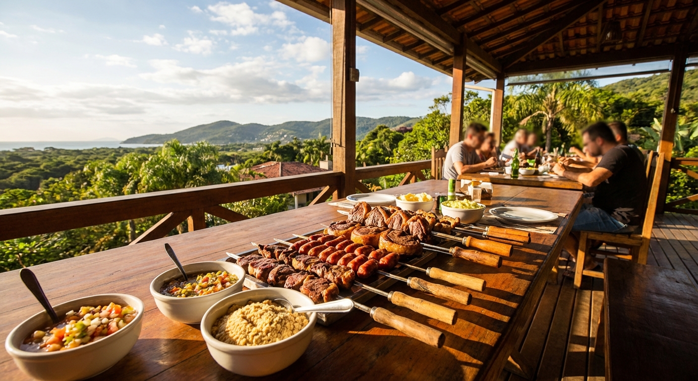 Mesa de madeira com churrasco variado, acompanhamentos e vista para montanhas e vegetação.