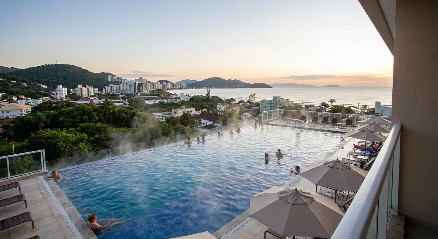 Piscina aquecida com vista para o mar e montanhas, pessoas relaxando ao redor, guarda-sóis e espreguiçadeiras.
