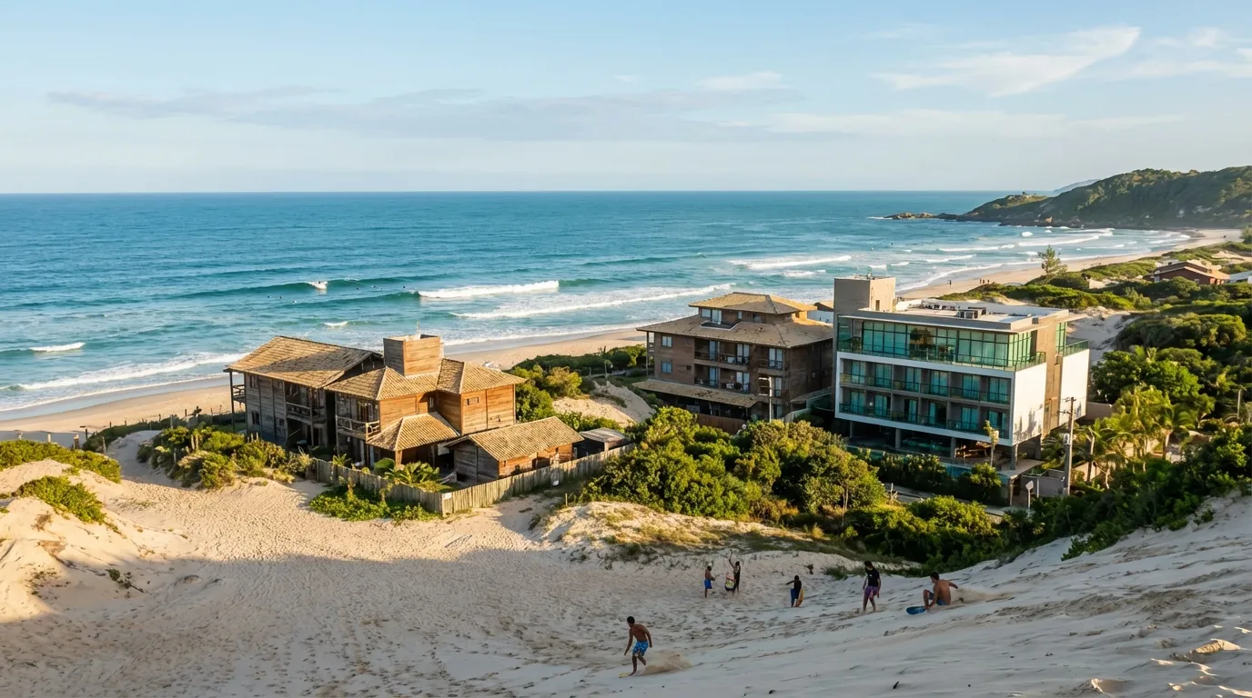 Confira 3 Hotéis na Praia da Joaquina Vista da Praia da Joaquina com casas à beira-mar e pessoas caminhando na areia.
