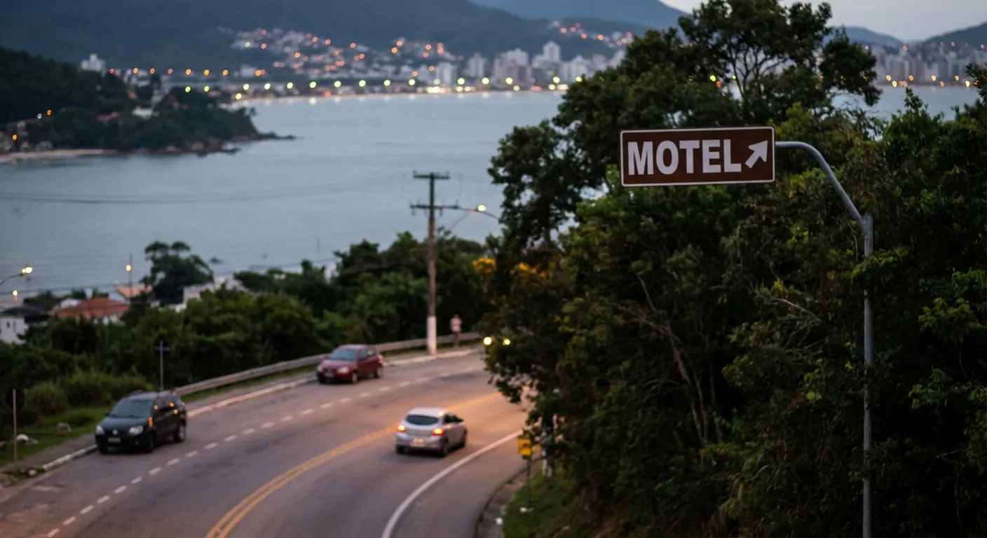 Confira 3 Motéis Baratos em Florianópolis Placa de sinalização indicando direção para motel, vista de estrada com carros e paisagem de Florianópolis ao fundo.