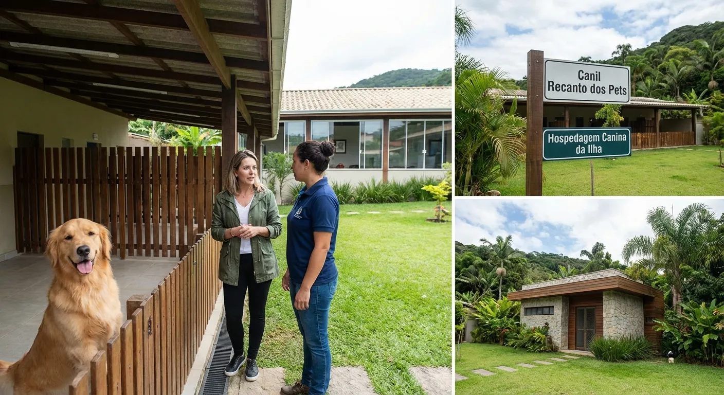 Confira 3 Opções de Canil em Florianópolis Canil com área verde, mulher conversando com funcionária e cachorro na entrada, placas de hospedagem canina.