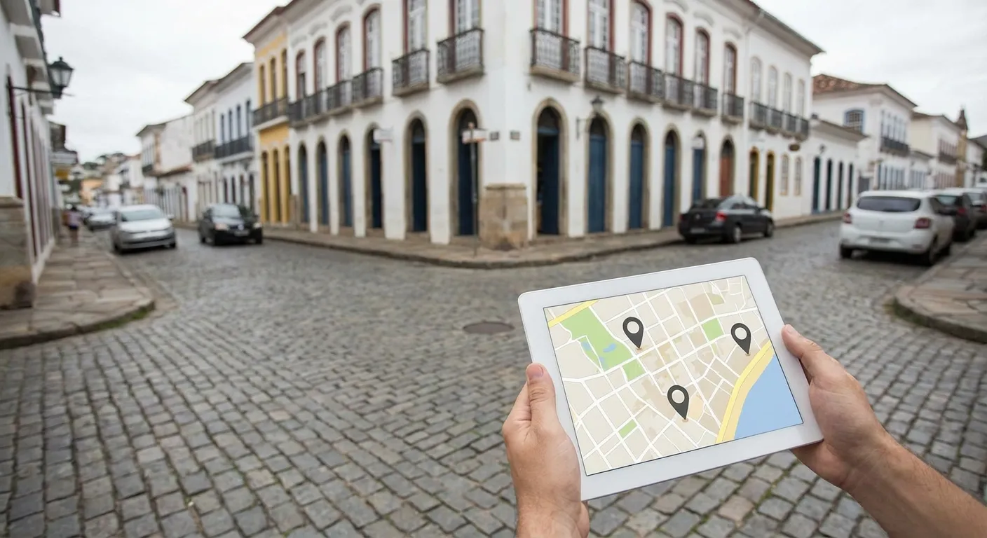Confira 3 Opções de Motel no Centro de Florianópolis Pessoa segurando um tablet com mapa, em rua de paralelepípedo e casas coloridas ao fundo.