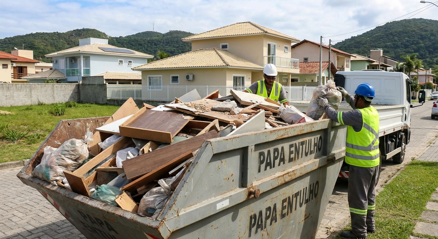 Dois trabalhadores em coletes amarelos carregam entulho em caçamba na rua, com casas e montanhas ao fundo.
