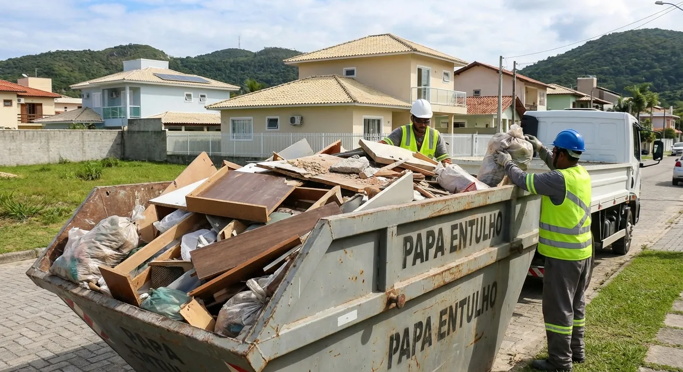 Dois trabalhadores em coletes amarelos carregam entulho em caçamba na rua, com casas e montanhas ao fundo.