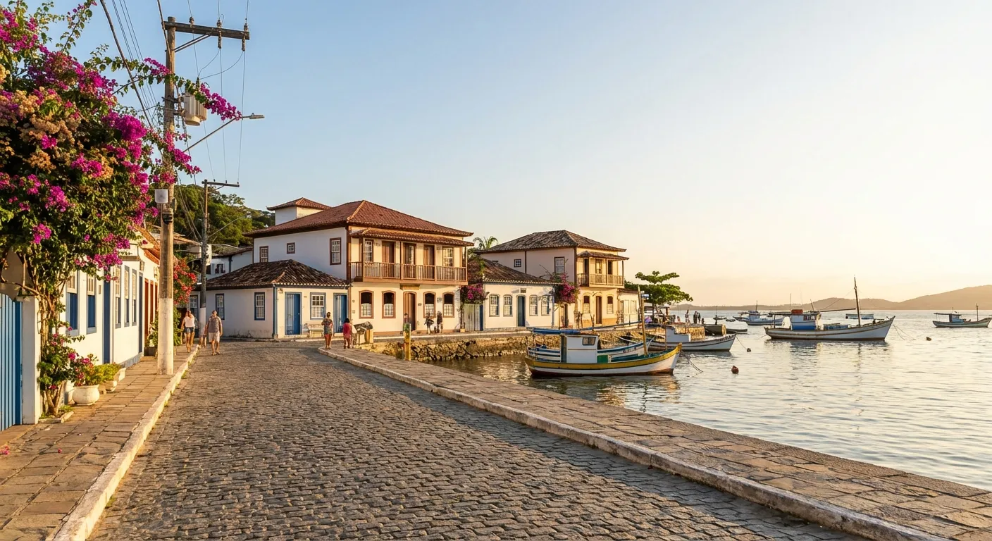 Caminho de pedra à beira-mar com casas coloridas e barcos ao fundo, flores na calçada e luz do sol ao entardecer.