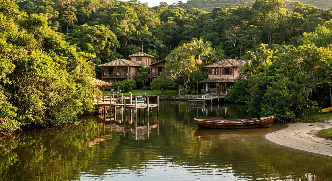 Casas de madeira à beira de lagoa, cercadas por vegetação densa e um barco ancorado na água tranquila.