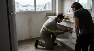Encanador consertando pia em cozinha, mulher observando, vista da cidade ao fundo.