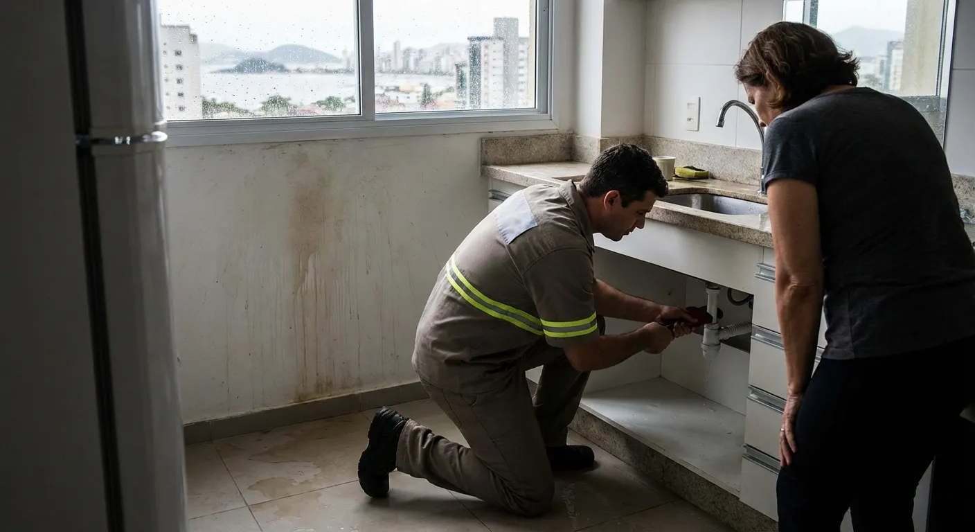 Encanador consertando pia em cozinha, mulher observando, vista da cidade ao fundo.