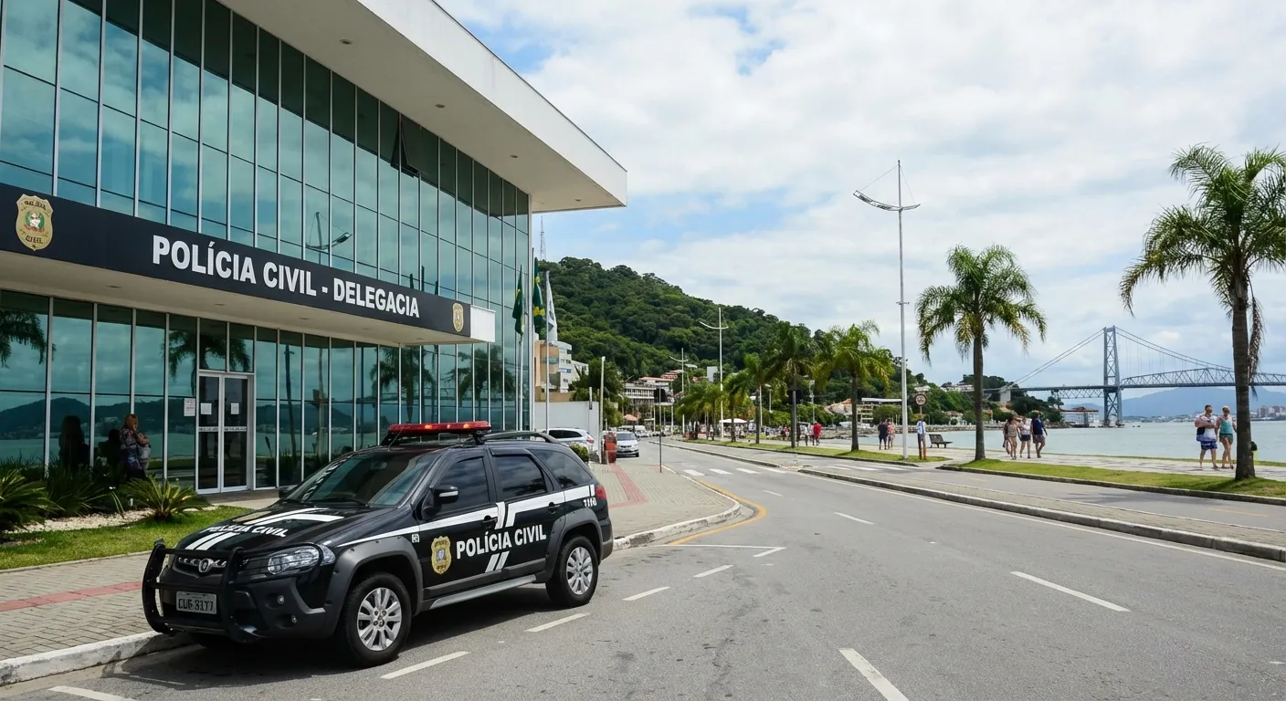 Delegacia da Polícia Civil em Florianópolis com viatura estacionada e vista para a ponte e o mar ao fundo.
