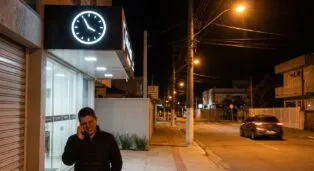 Homem ao telefone em frente a clínica dentária iluminada à noite, com relógio visível na fachada.