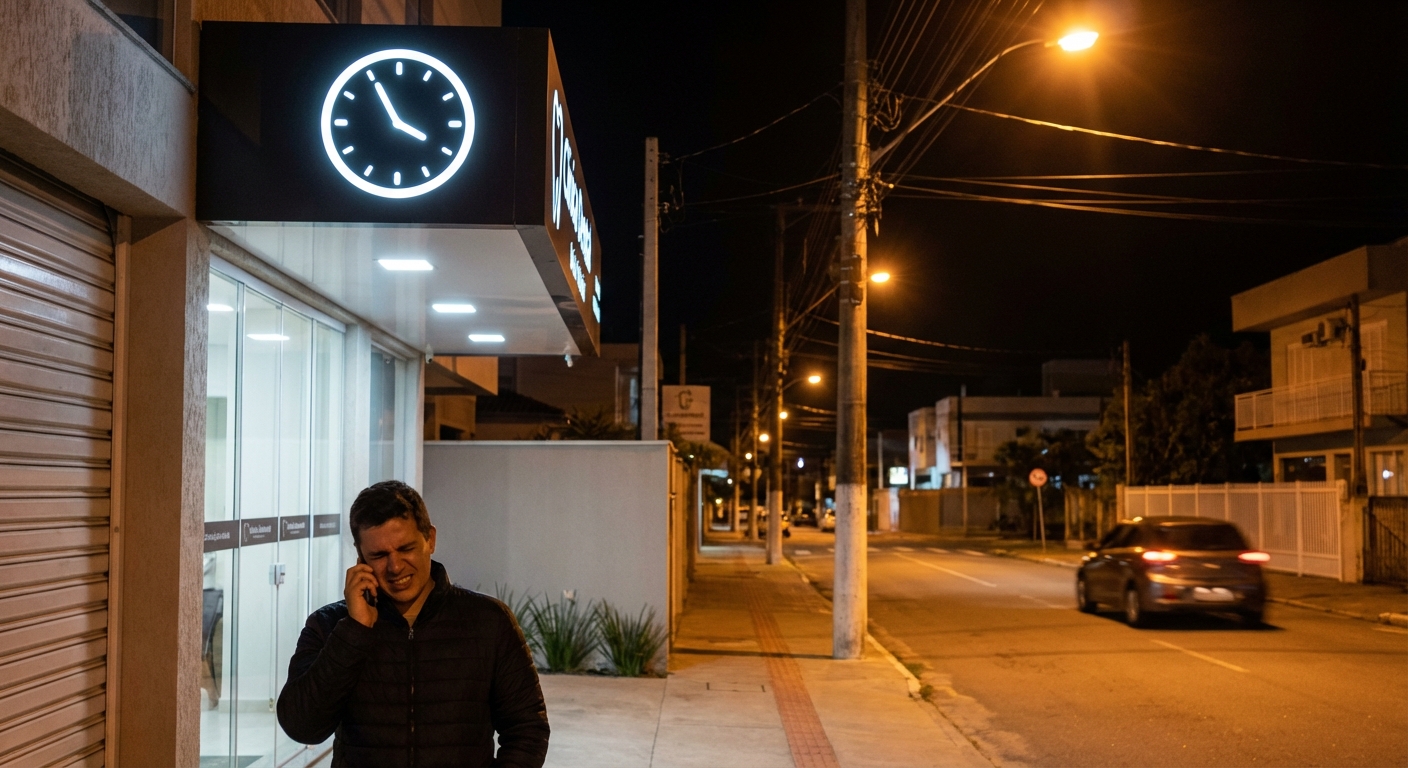 Homem ao telefone em frente a clínica dentária iluminada à noite, com relógio visível na fachada.