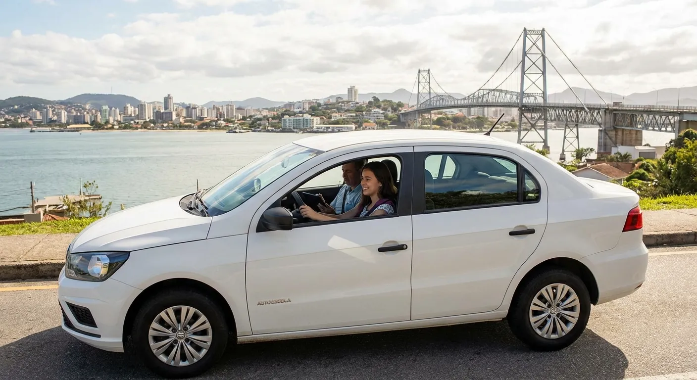 Confira os 3 Melhores Auto Escolas de Florianópolis Carro branco com motorista e passageiro em Florianópolis, vista da ponte e cidade ao fundo.