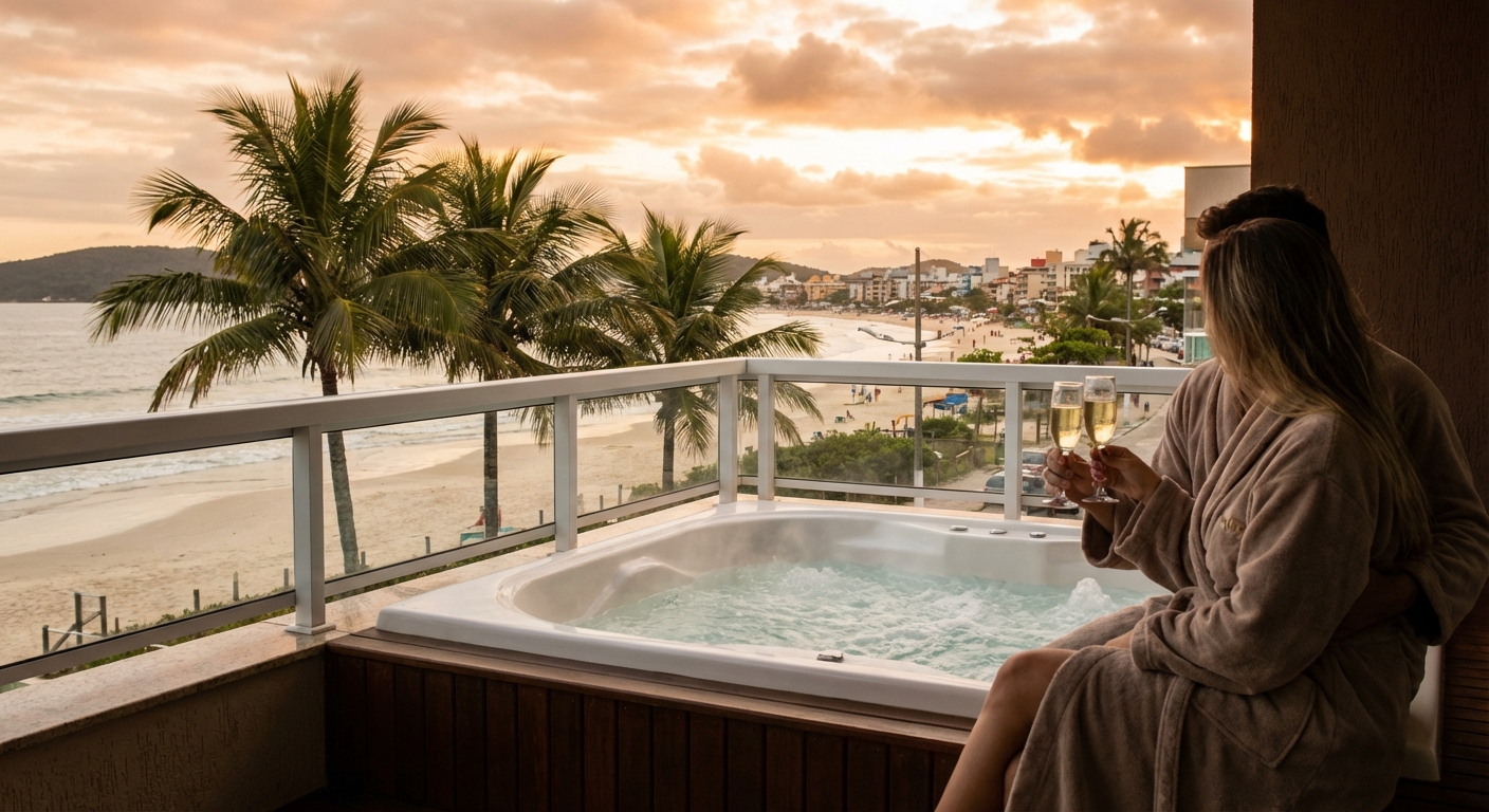 Casal em roupão brindando com champanhe ao pôr do sol, vista para a praia e palmeiras ao fundo.