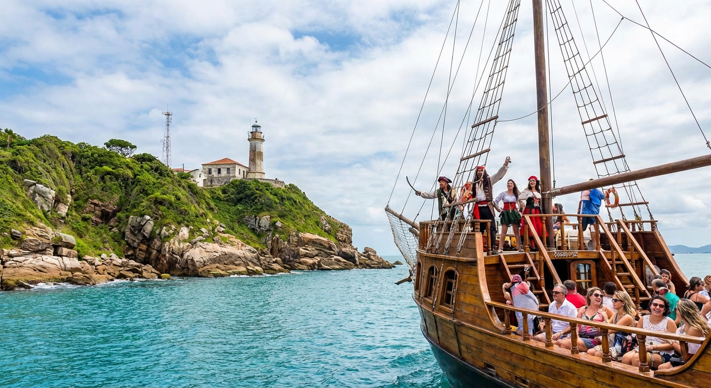 Barco pirata com pessoas a bordo navegando em águas azuis, ao fundo um farol e vegetação nas rochas.